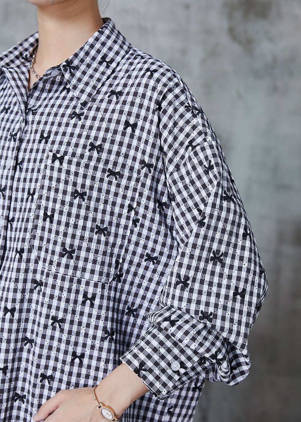 Grey Oversized Plaid Cotton Shirt Top Fall
