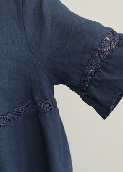 Fine Dark Blue Linen Knee Dress Oversized Linen Cotton Dress Boutique Flare Sleeve Lace Patchwork Linen Clothing Dress