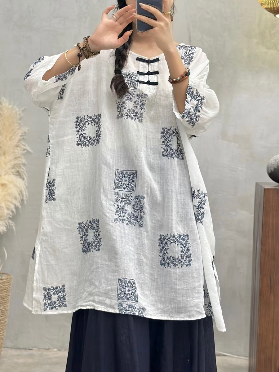 Summer Embroidery Long Ramie Shirt