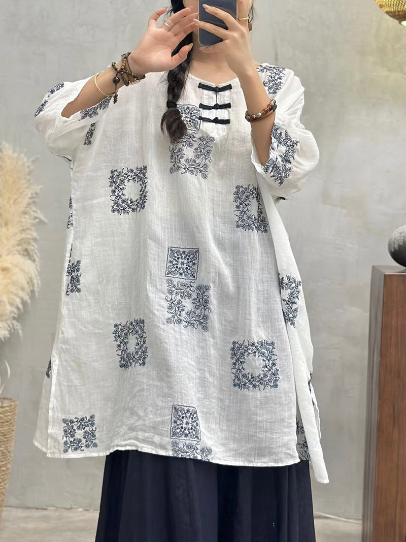 Summer Embroidery Long Ramie Shirt