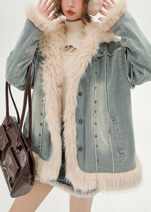 Oversized Patchwork Faux Fur Fine Cotton Filled Denim Coats Winter