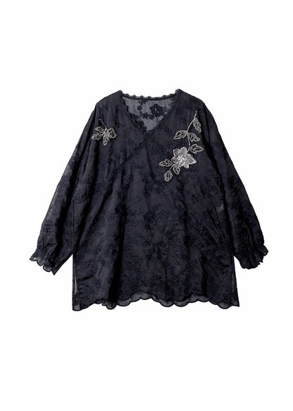 Stylish Black V Neck Embroidered Cotton Top Fall