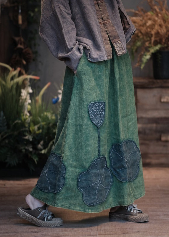 Green Pockets Patch Patchwork Linen Skirt Spring