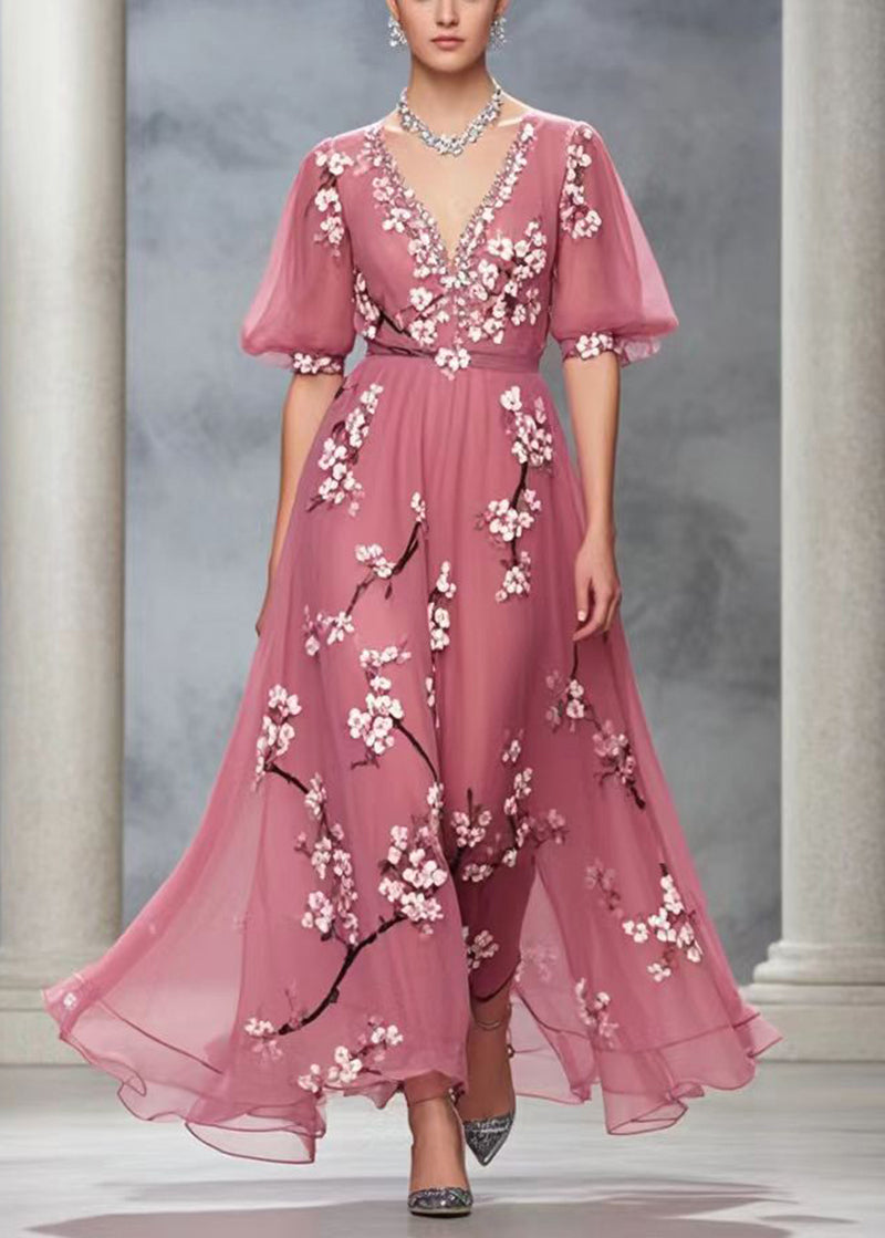 Rubber Red V Neck Print Chiffon Long Dress Summer