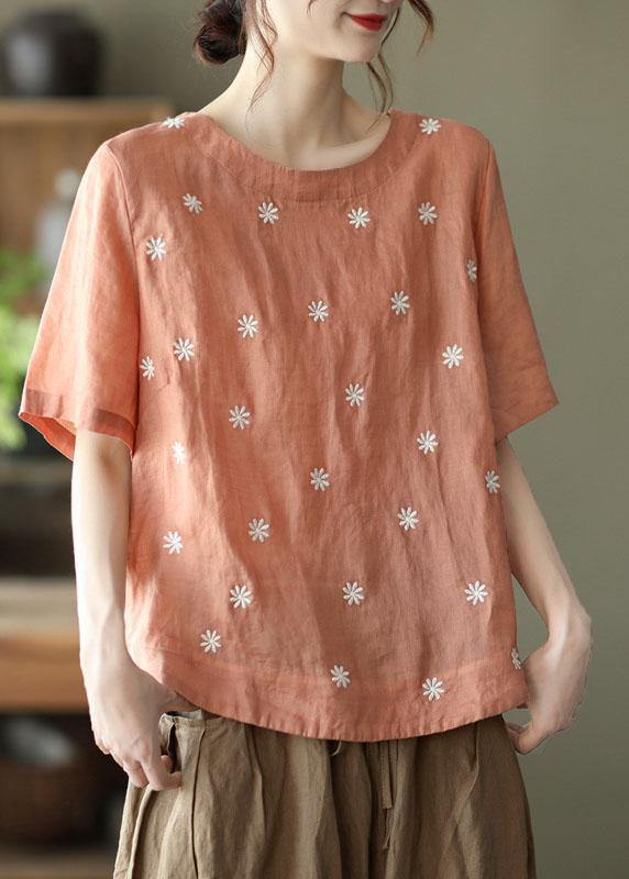 Unique White Flowers and Birds O-neck Embroidered Summer Ramie Shirt Half Sleeve