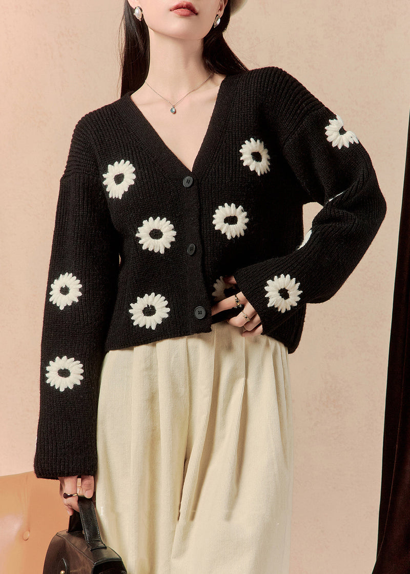 Black V Neck Button Knit Sweaters Winter