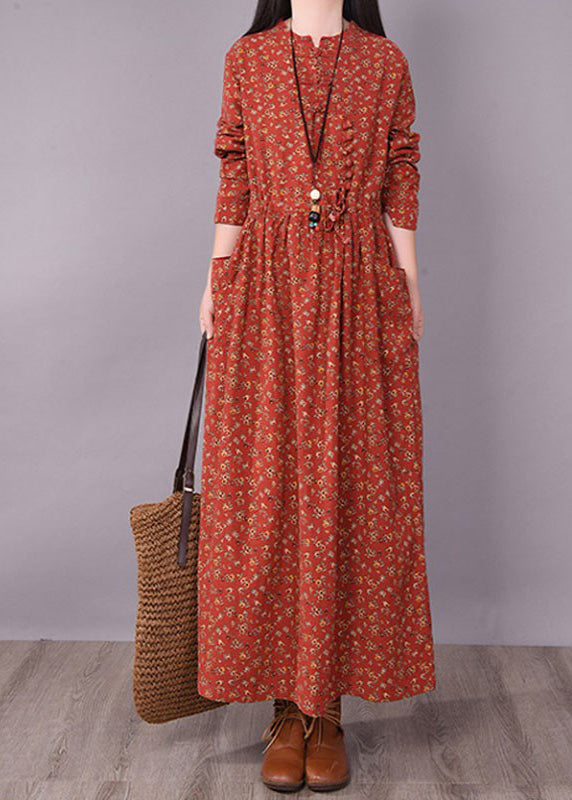 Brick Red Cinched Print Linen Long Dress Long Sleeve