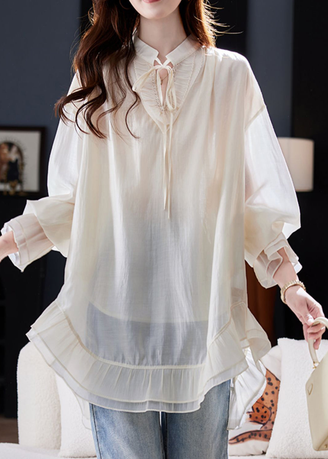 Apricot Patchwork Tie Lace Apricot Chiffon Shirt Flare Sleeve