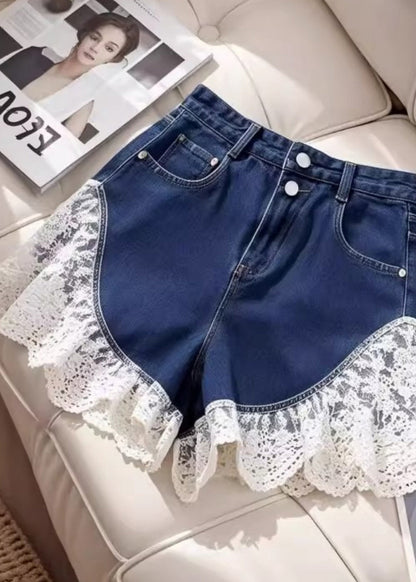 Black Silm Fit Lace Patchwork Denim Shorts Summer