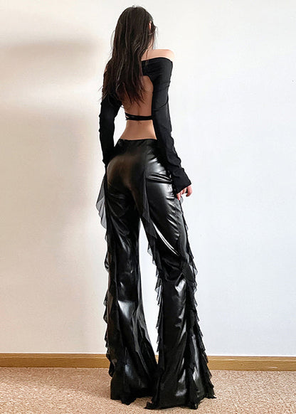 Original Black Tulle Ruffled Patchwork Faux Leather Flared Trousers Summer