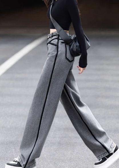 New Grey Pockets Striped Patchwork Denim Pants Spring