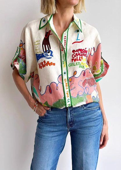 Peter Pan Collar Graphic Print Linen Shirts Top Summer