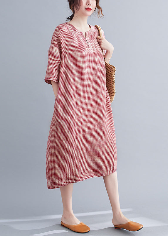 Red Oversized Plaid Linen a Line Dresses Summer