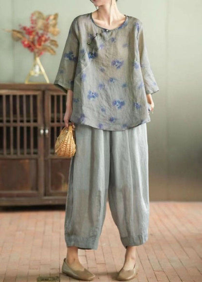 Grey Patchwork Linen Tops and Pants Two Pieces Set O Neck Summer