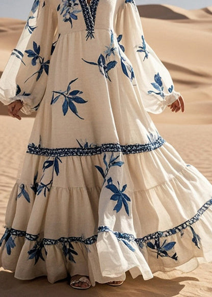 White Print Exra Large Hem Cotton Maxi Dress Fall