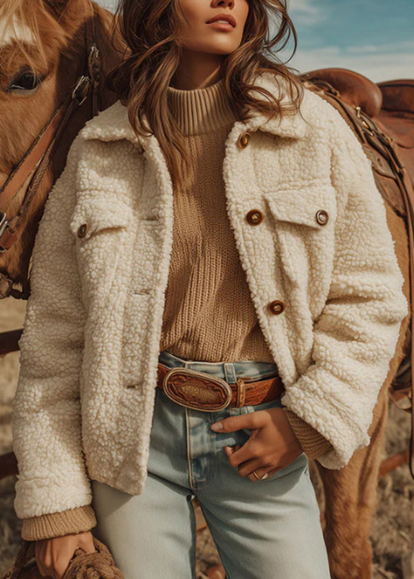 New White Peter Pan Collar Button Faux Fur Coat Winter