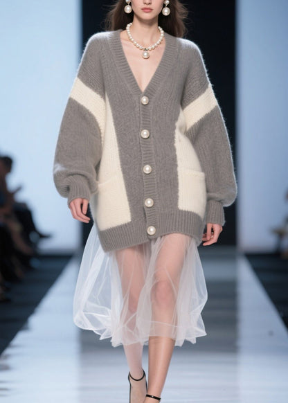 Grey Button Tulle Patchwork Knit Cardigan Fall