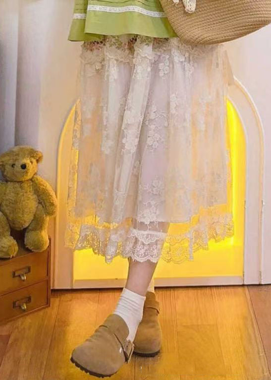 Beige Embroidered Elastic Waist Patchwork Tulle Skirt Spring