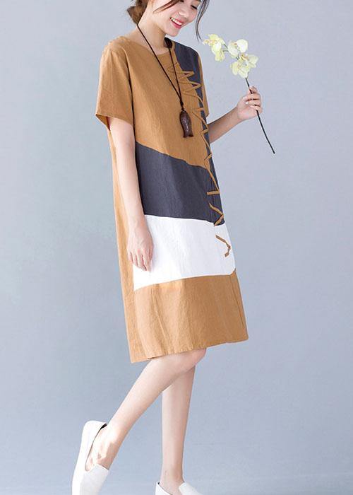 Cotton Linen O Neck Khaki Short Sleeve Dresses Summer
