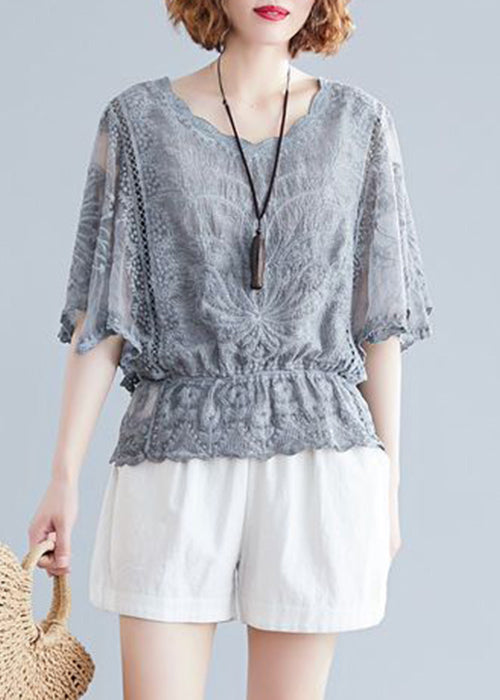 Grey Embroidered Hollow Out Cotton Top Batwing Sleeve
