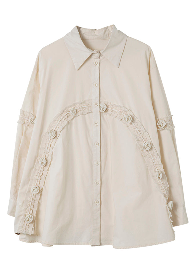 Apricot Peter Pan Collar Ruffled Patchwork Cotton Shirt Spring