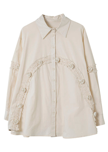 Apricot Peter Pan Collar Ruffled Patchwork Cotton Shirt Spring