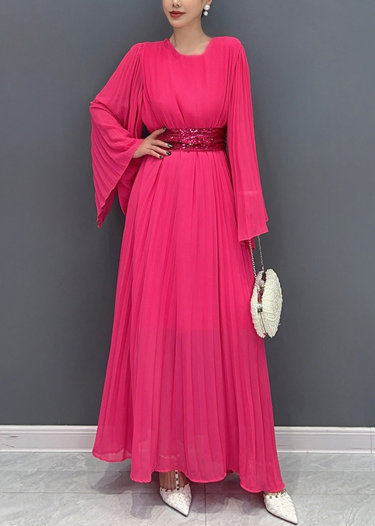 Rose Wrinkled Tie Waist Chiffon Maxi Dresses Flare Sleeve