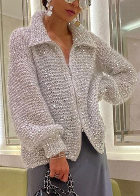 Light Camel Zip Up Sequins Knit Cardigan Spring