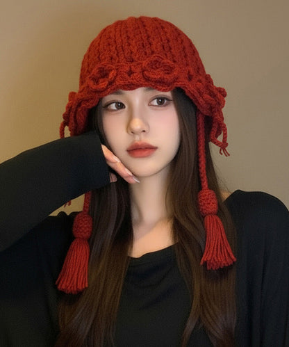 New Red Flower Warm Versatile Tassel Knitted Hat