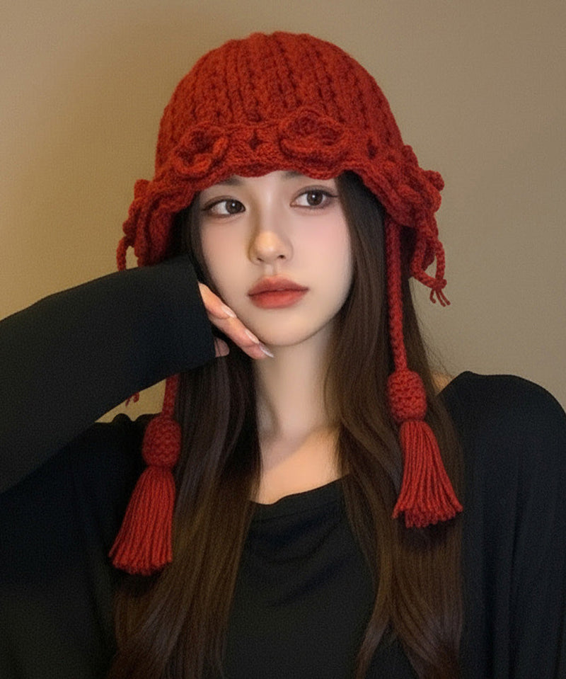 New Red Flower Warm Versatile Tassel Knitted Hat