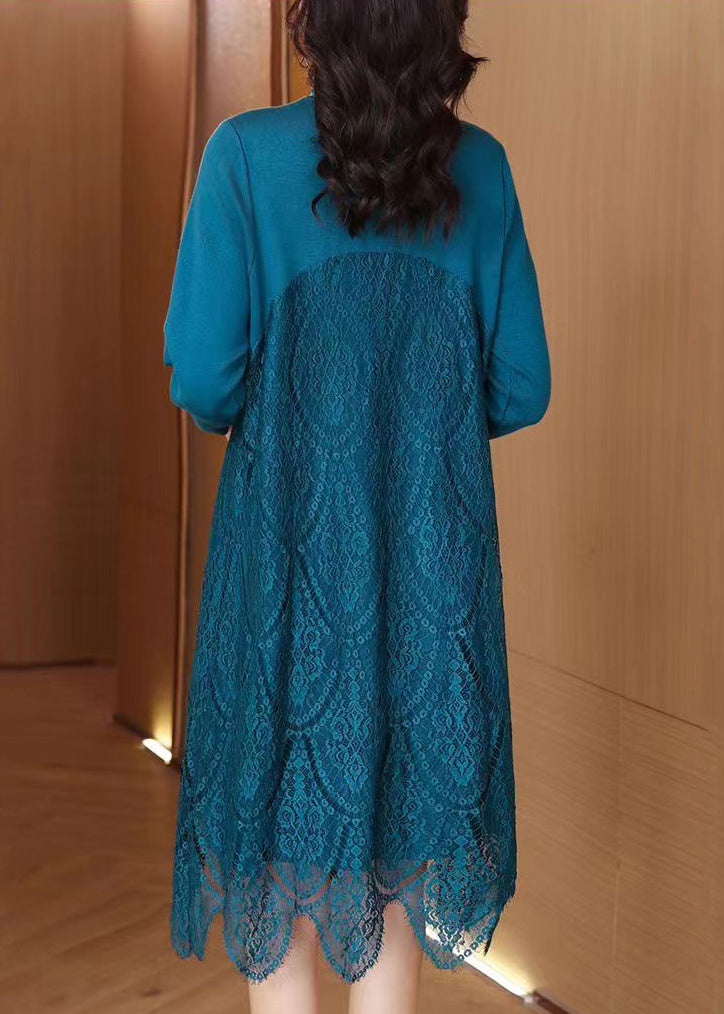Blue Stand Collar Knit Patchwork Lace Sweater Dress Fall