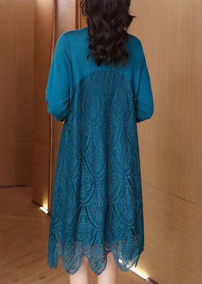 Blue Stand Collar Knit Patchwork Lace Sweater Dress Fall