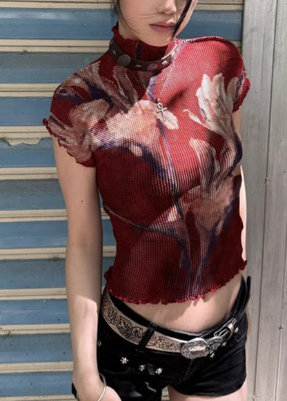 Red Turtleneck Ruffled Print T Shirt Short Sleeve