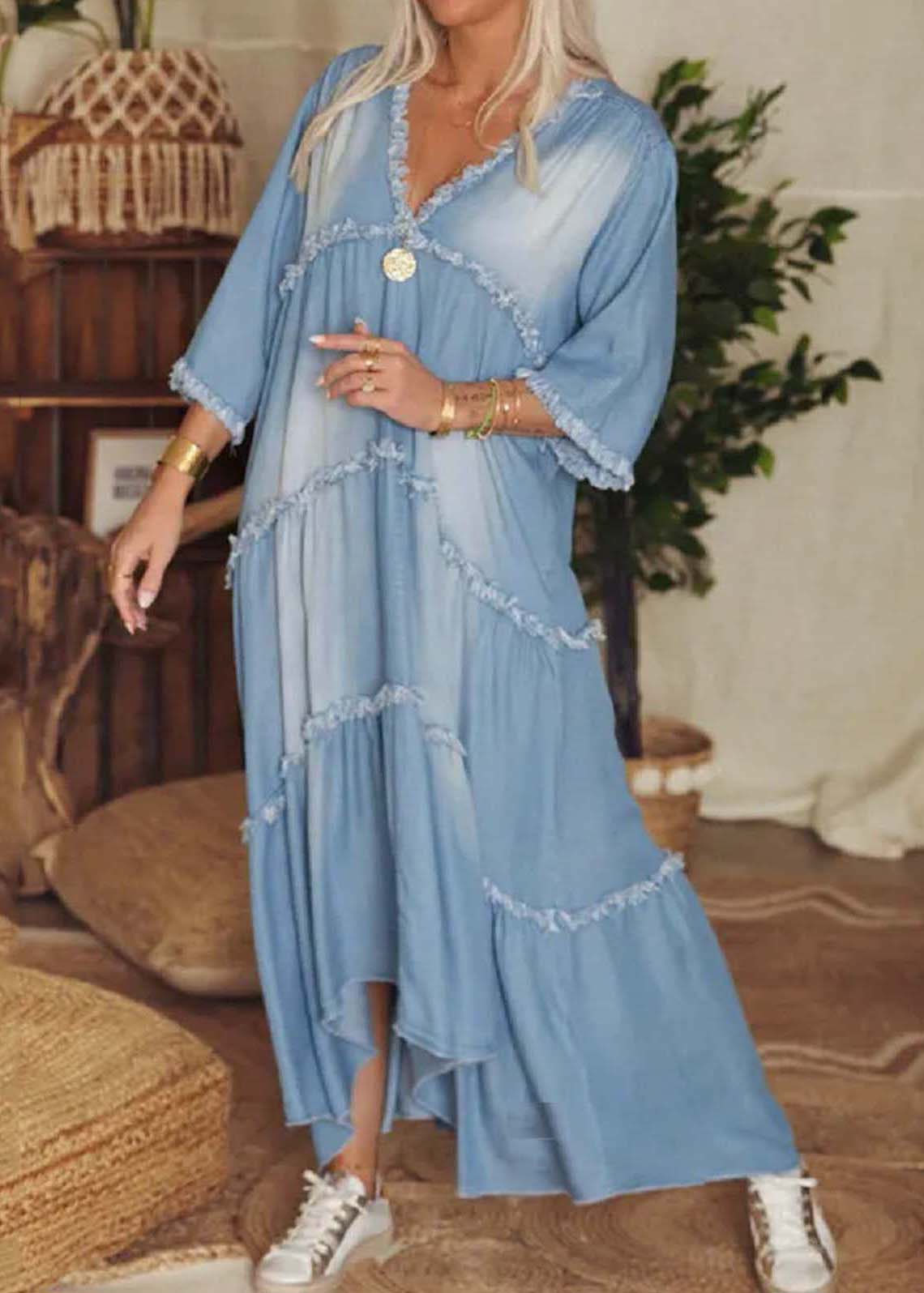 Navy V Neck Patchwork Tassel Denim Long Dress Half Sleeve