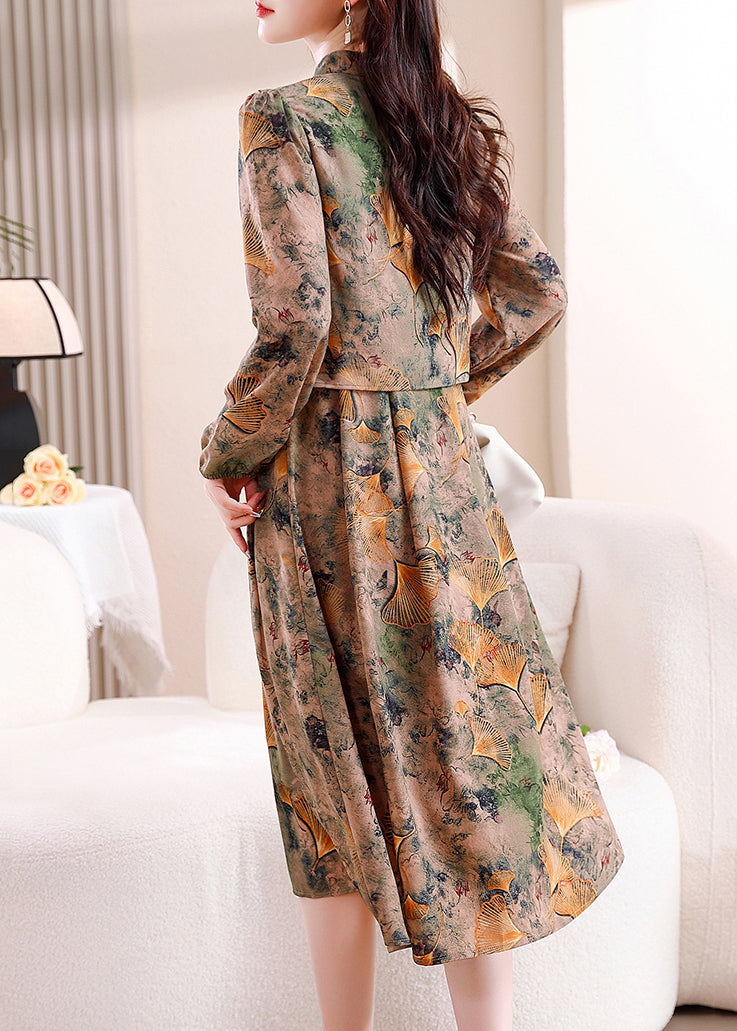 V Neck Print False Two Pieces Cotton Dress Fall