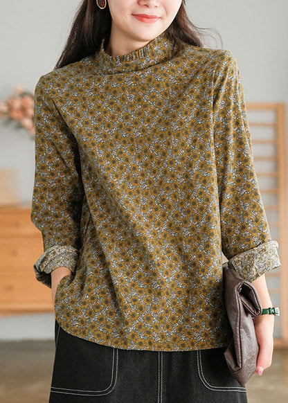 Italian Chocolate Stand Collar Button Ruffled Cotton Blouses Top Long Sleeve