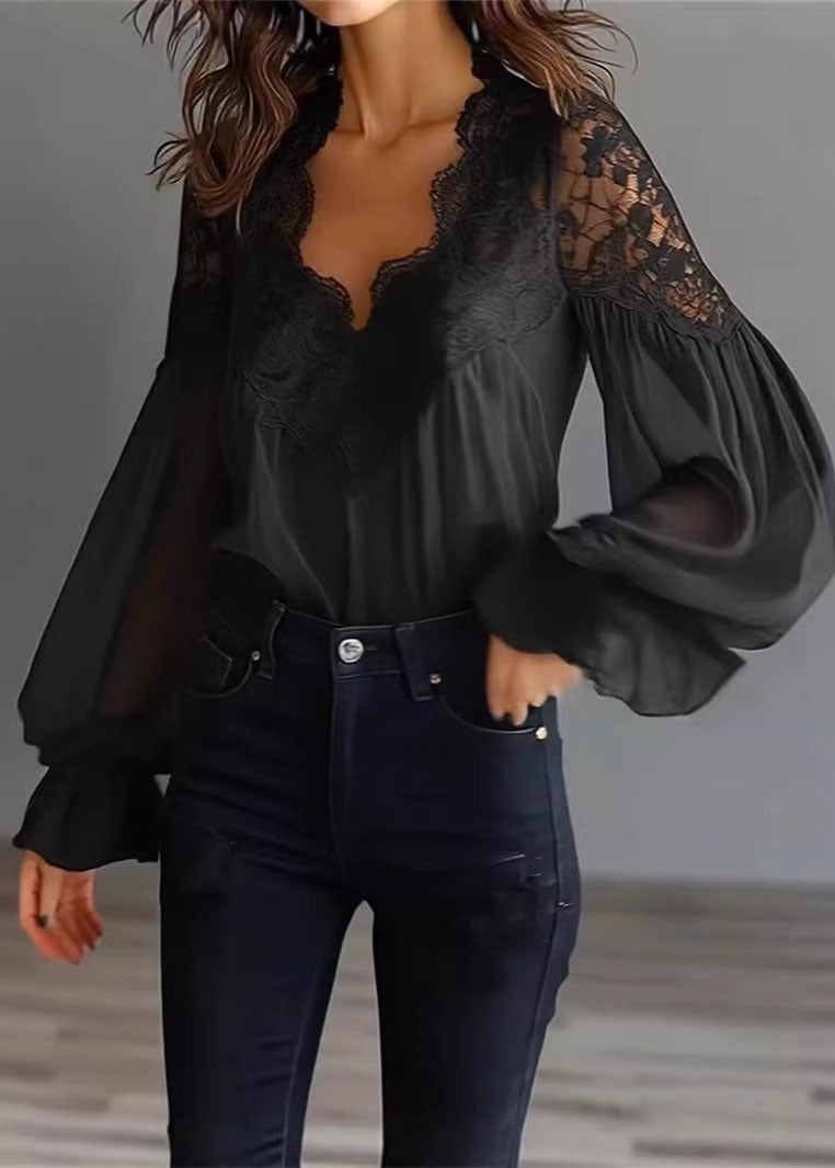 Black Puff Sleeve Lace Patchwork Chiffon Shirt Top