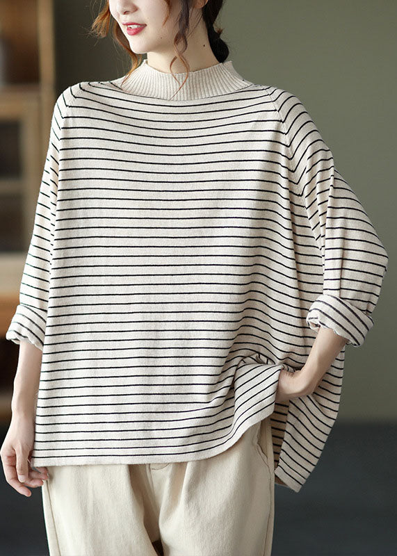Beige Striped Loose Knit Shirt Spring