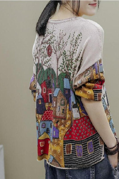 Split Hem Printed Half Sleeve Knitted T-shirt