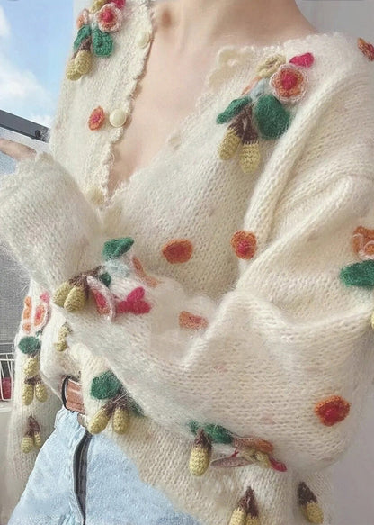 Beige V Neck Button Patchwork Knit Cardigan Winter