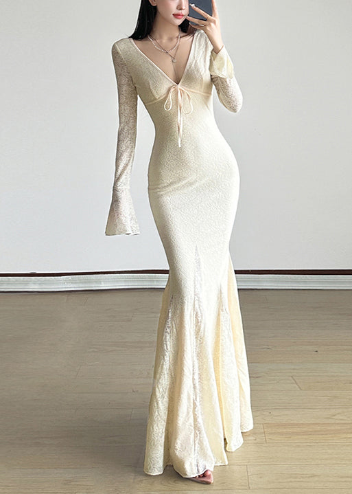 White V Neck Exra Large Hem Lace Ankle Dress Spring
