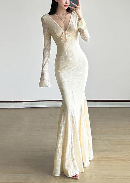 White V Neck Exra Large Hem Lace Ankle Dress Spring