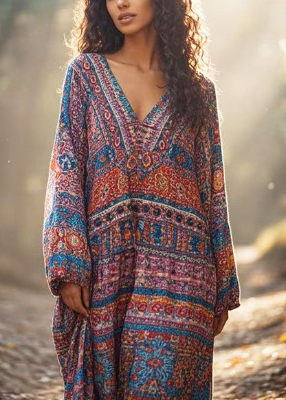 V Neck Print Cotton Ankle Dress Spring