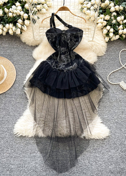 Black Patchwork Tulle Denim Strapless Dress Summer