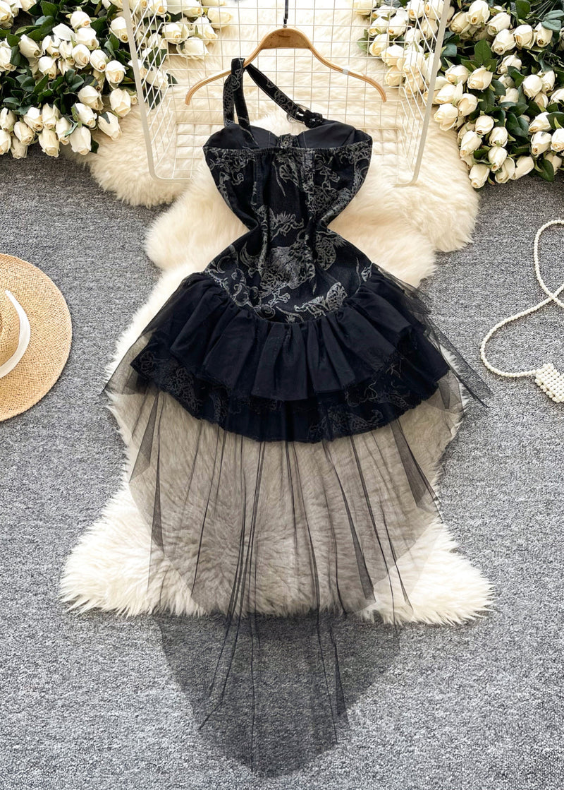 Black Patchwork Tulle Denim Strapless Dress Summer