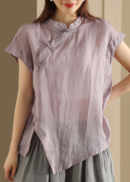 Handmade Green Stand Collar Button Linen Top Summer