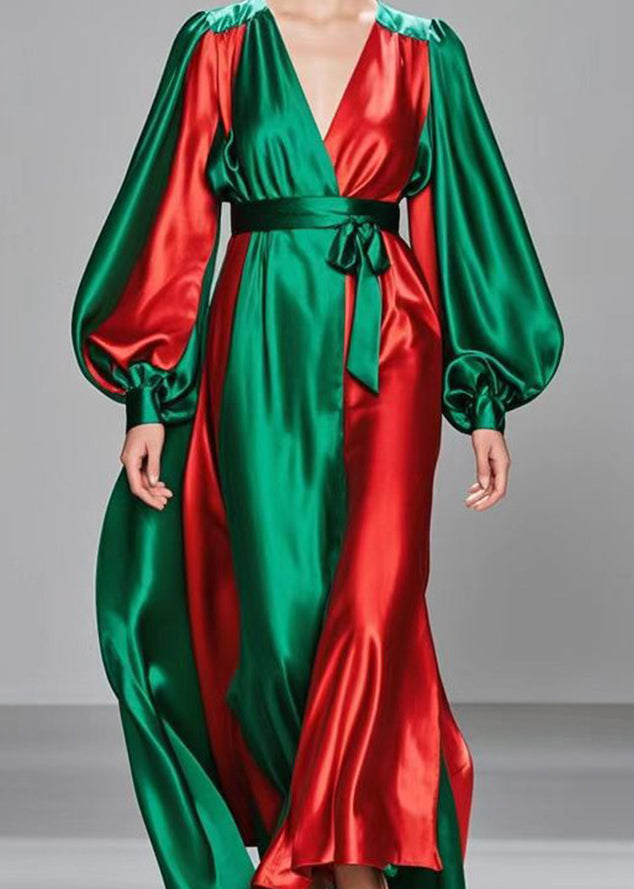 Diy Colorblock Cinched Patchwork Silk Long Dresses Lantern Sleeve