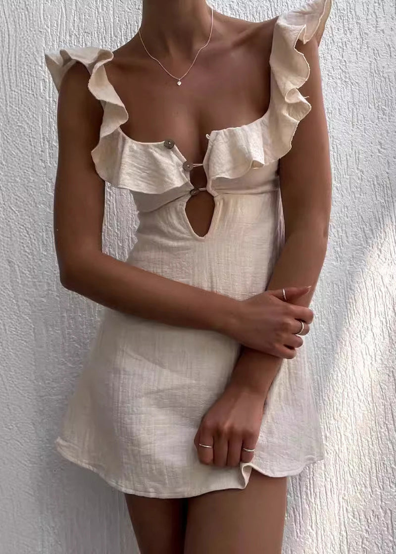 New Apricot Ruffle Hollow Out Mid Dress Summer