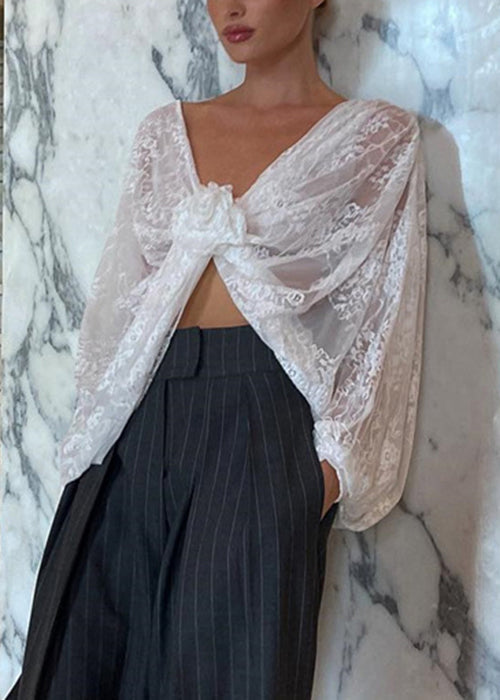 White V Neck Lace Top Spring