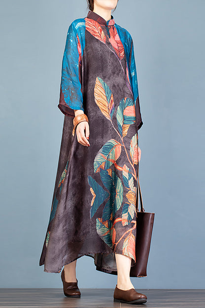 New Stand Collar Printed Dress Tencel Dress